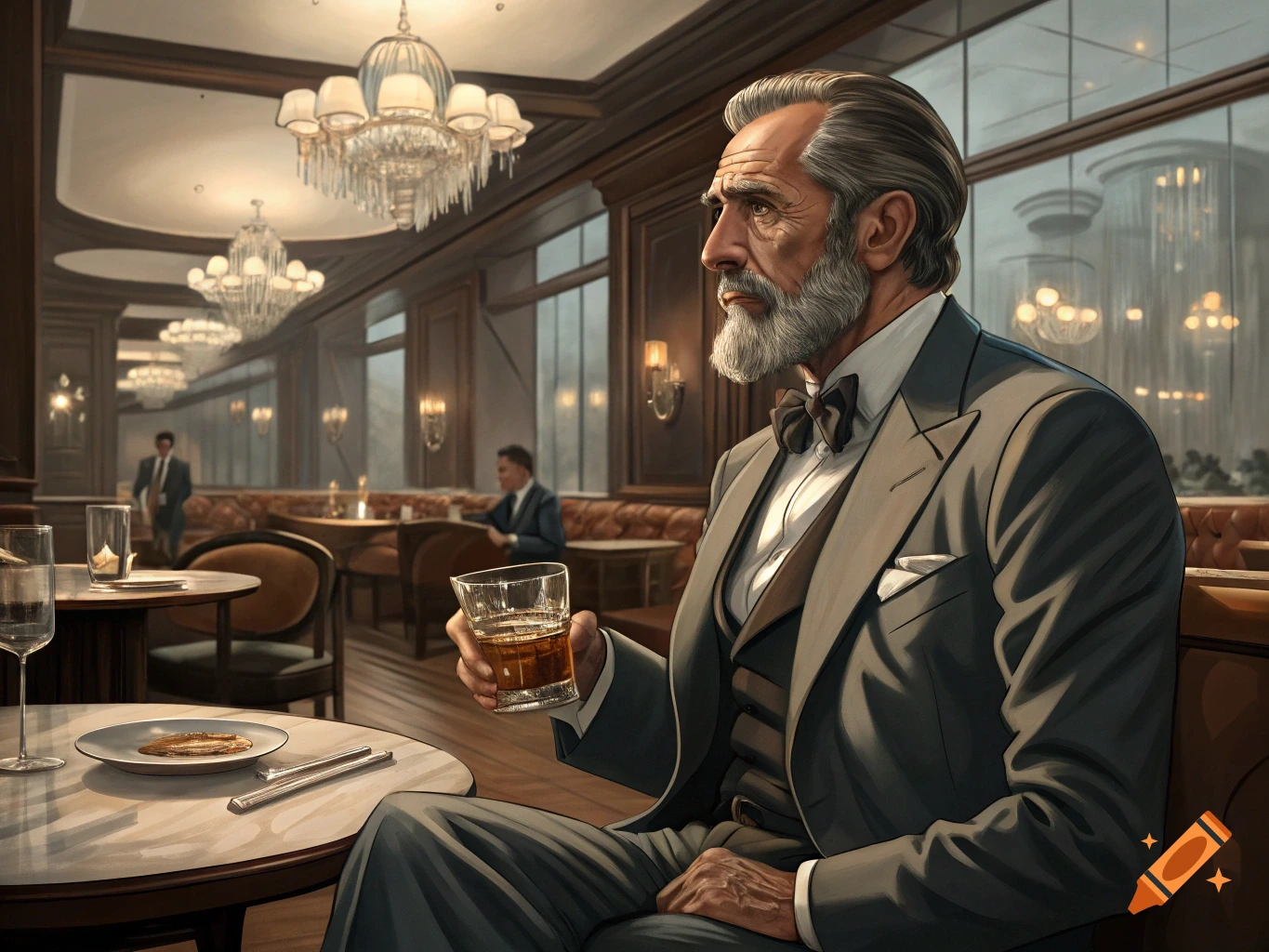 An older, distinguished man with a white beard and gray suit sits in an elegant restaurant, holding a glass of amber liquid.