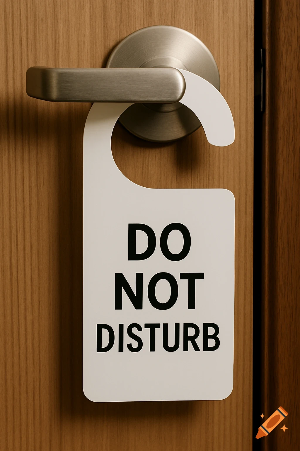 A white 'Do Not Disturb' sign hangs on a silver doorknob of a wooden door.