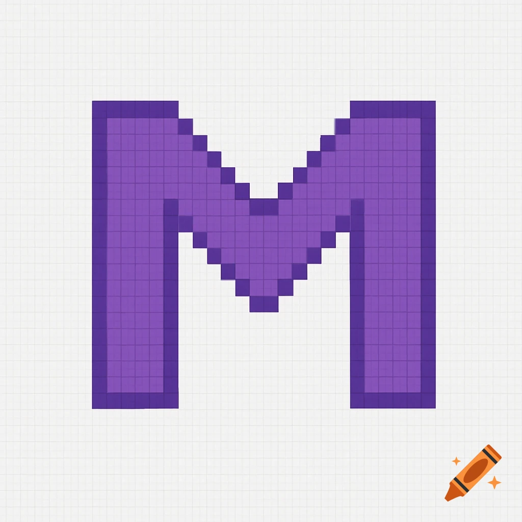 A large, pixelated purple letter M on a white grid background.