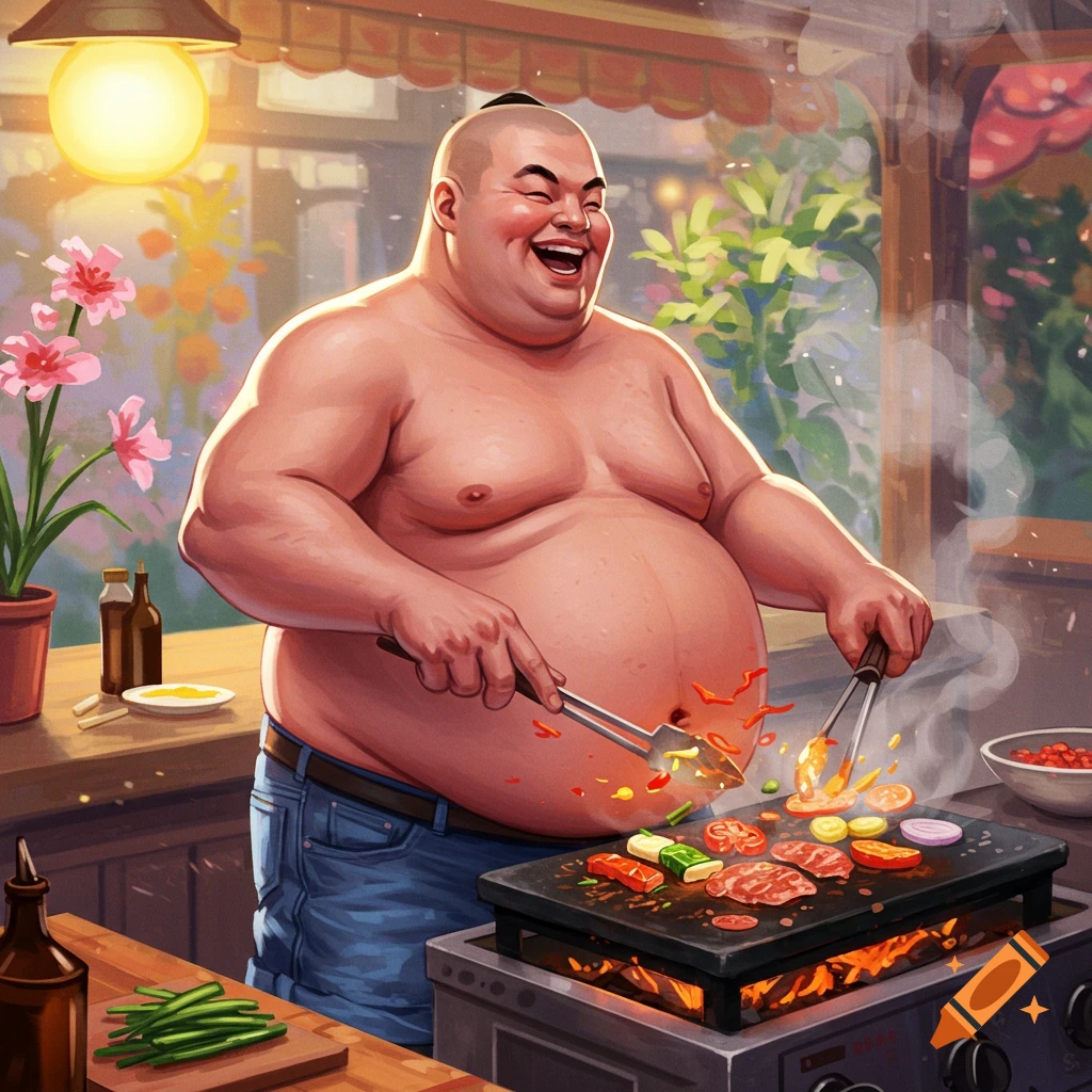 A shirtless, smiling fat man in jeans cooks hibachi on a grill, surrounded by vibrant kitchen plants and sunlight.