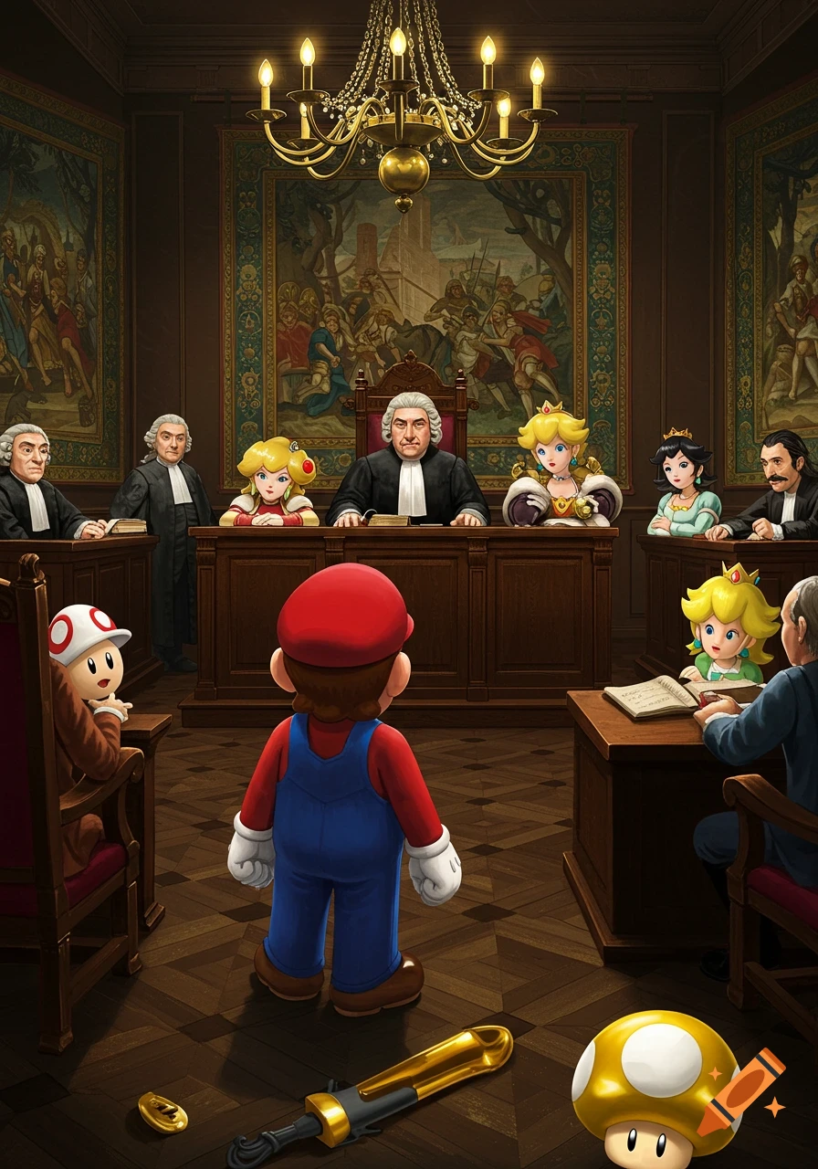 Mario stands in a grand courtroom, facing judges and other Mario characters like Princess Peach, Toad, and Luigi.