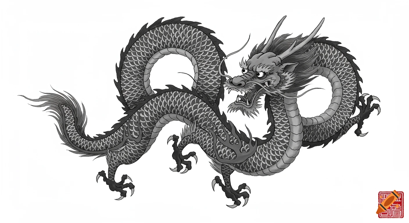 A grayscale illustration of a traditional Chinese dragon with a fierce expression and detailed scales on a white background.