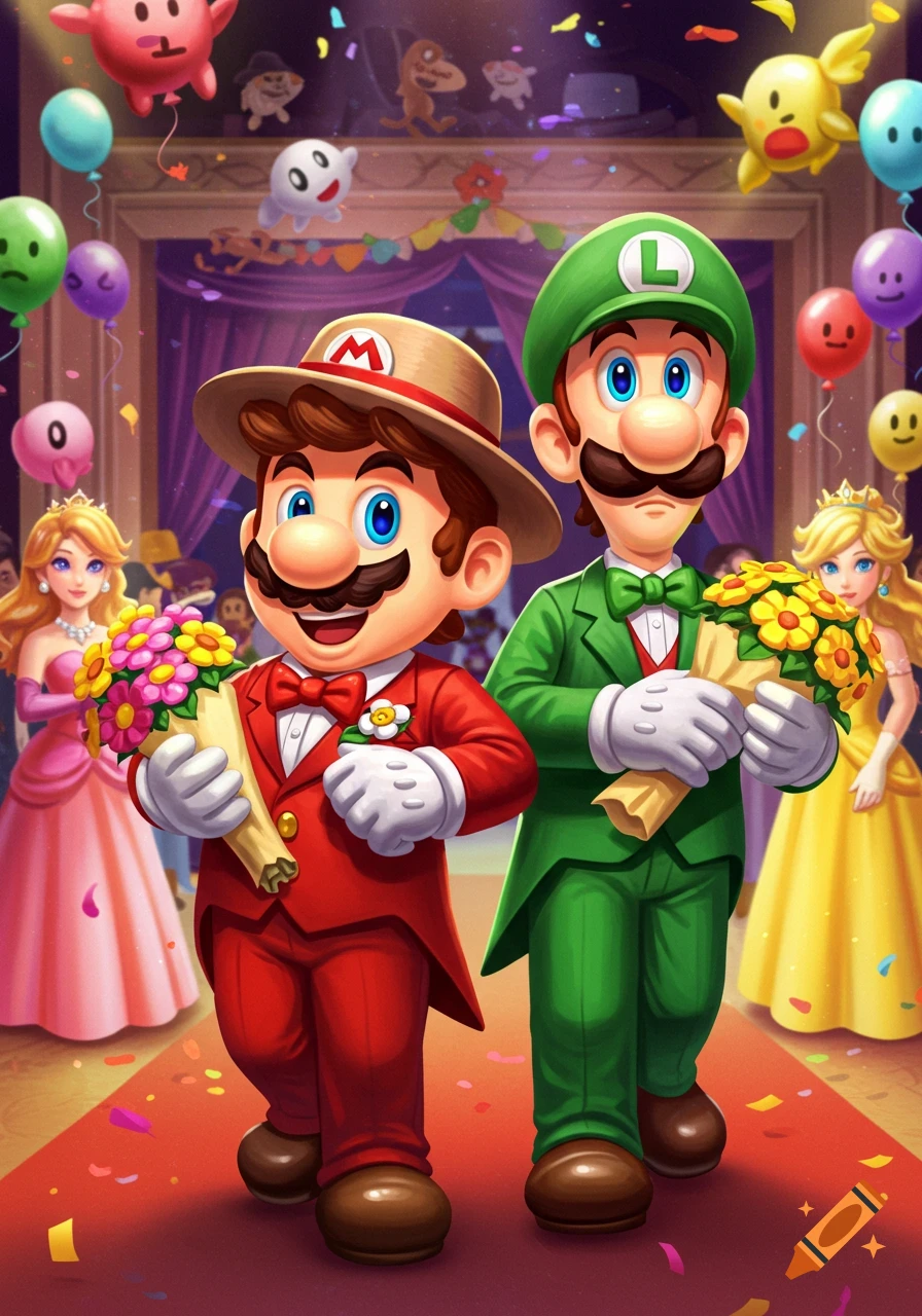 Mario in a red tuxedo and Luigi in a green tuxedo, both holding bouquets, walk on a red carpet at a party with Princess Peach and balloons in the background.
