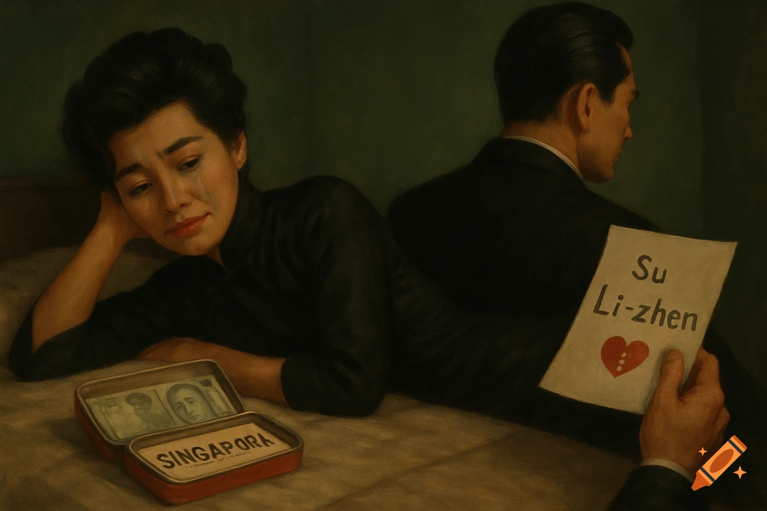 A crying woman in a black kimono lies on a bed next to a lunchbox labeled "SINGAPORA" with money inside. A man in a suit faces away, holding a paper with "Su Li-zhen" and a broken heart.