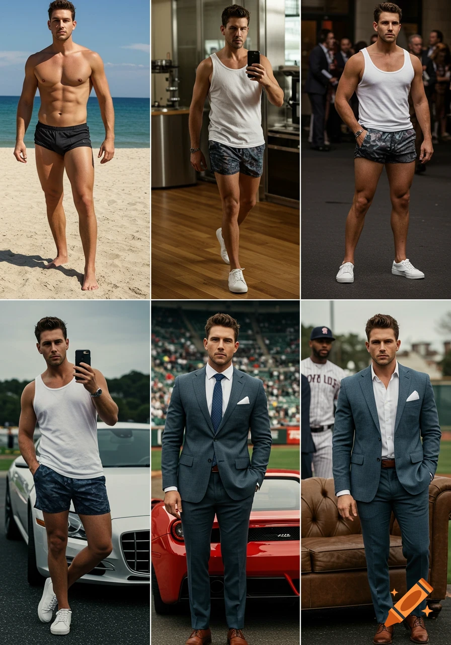 A grid of six photorealistic images showing an attractive man in various outfits and settings, including a beach, a gym, a street, and a baseball field.