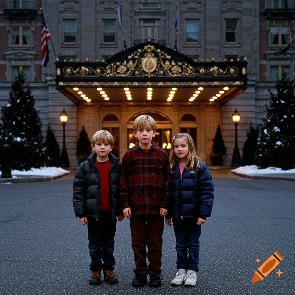 Three children in winter coats stand on an empty street in front of a grand hotel building.
