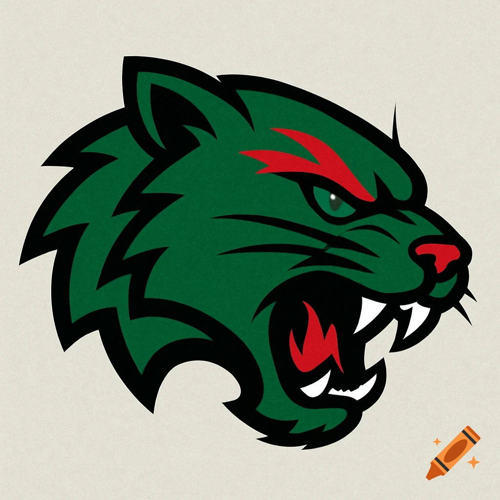 A ferocious emerald green bearcat head logo, side-facing with red accents, sharp white fangs, and a thick black outline.