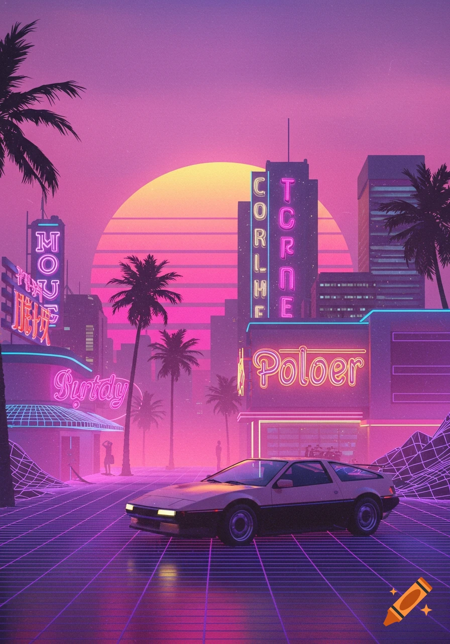 A retro-futuristic vaporwave city scene at sunset, with neon signs, palm trees, and a classic sports car on a glowing grid road.
