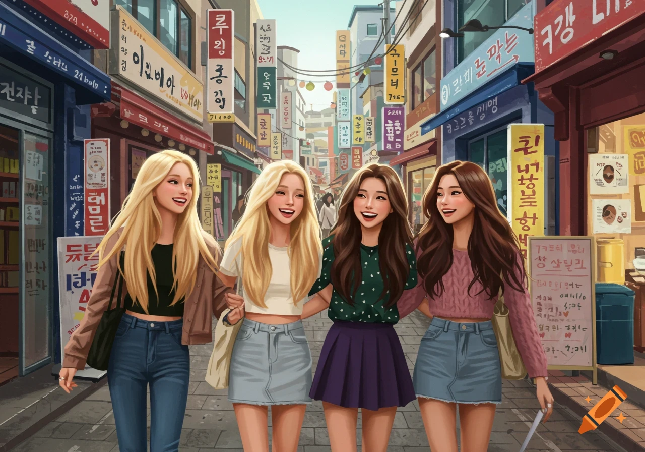 Four smiling young women, two blonde and two brunette, walk arm-in-arm down a busy Korean street lined with shops, in an illustration style.