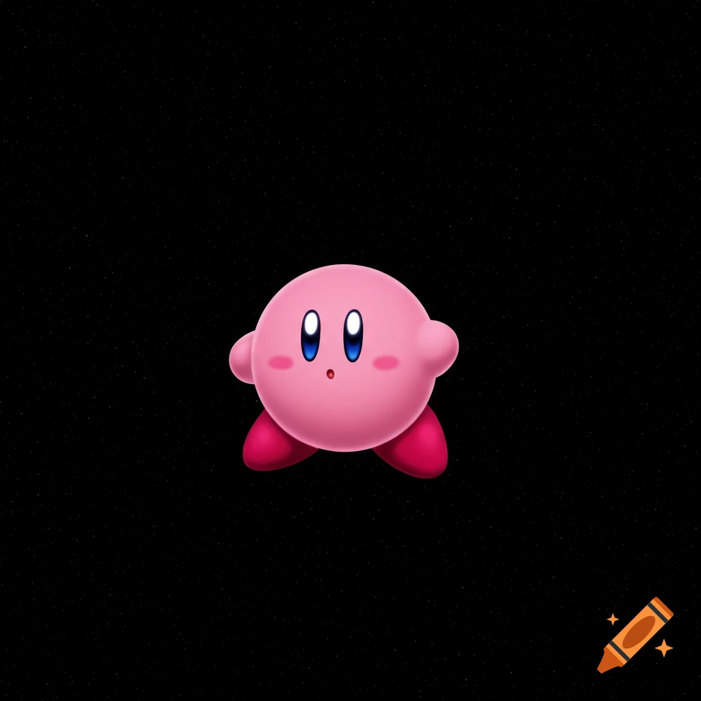 A pink, spherical Kirby with blue eyes and red feet floats against a black background with small white stars.