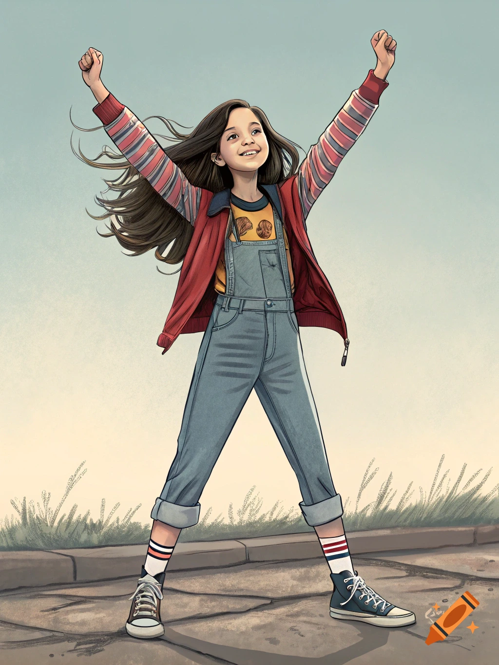 A young girl with long brown hair, wearing a red jacket and denim overalls, stands triumphantly with arms raised in an illustrative style.