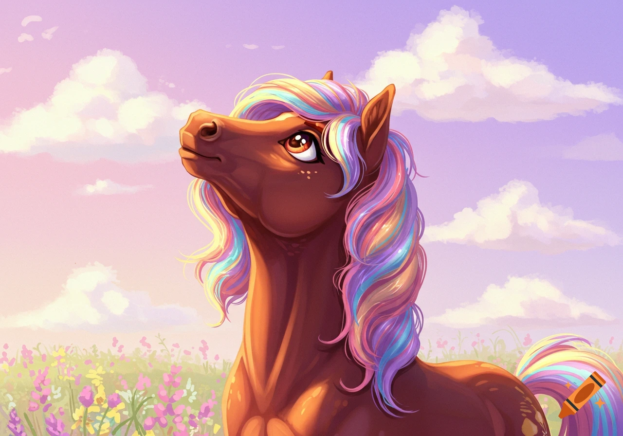 A brown pony with a rainbow mane and tail looks up at a pink and purple sky while standing in a field of colorful wildflowers. Illustration.