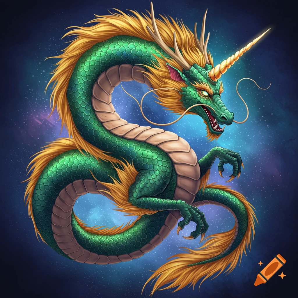 A vibrant green dragon with a golden mane and a unicorn horn, coiled against a starry blue background.
