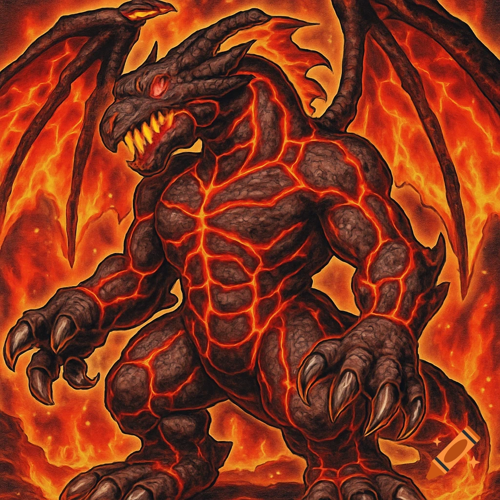 A powerful, muscular black lava dragon with glowing red cracks and large wings against a fiery background, in Yugioh card art style.