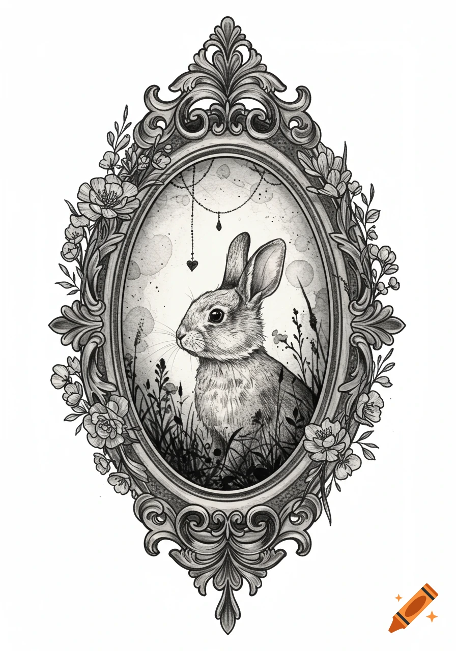 Black and white sketch of a rabbit in a field, framed by an ornate vintage gothic oval frame with flowers.