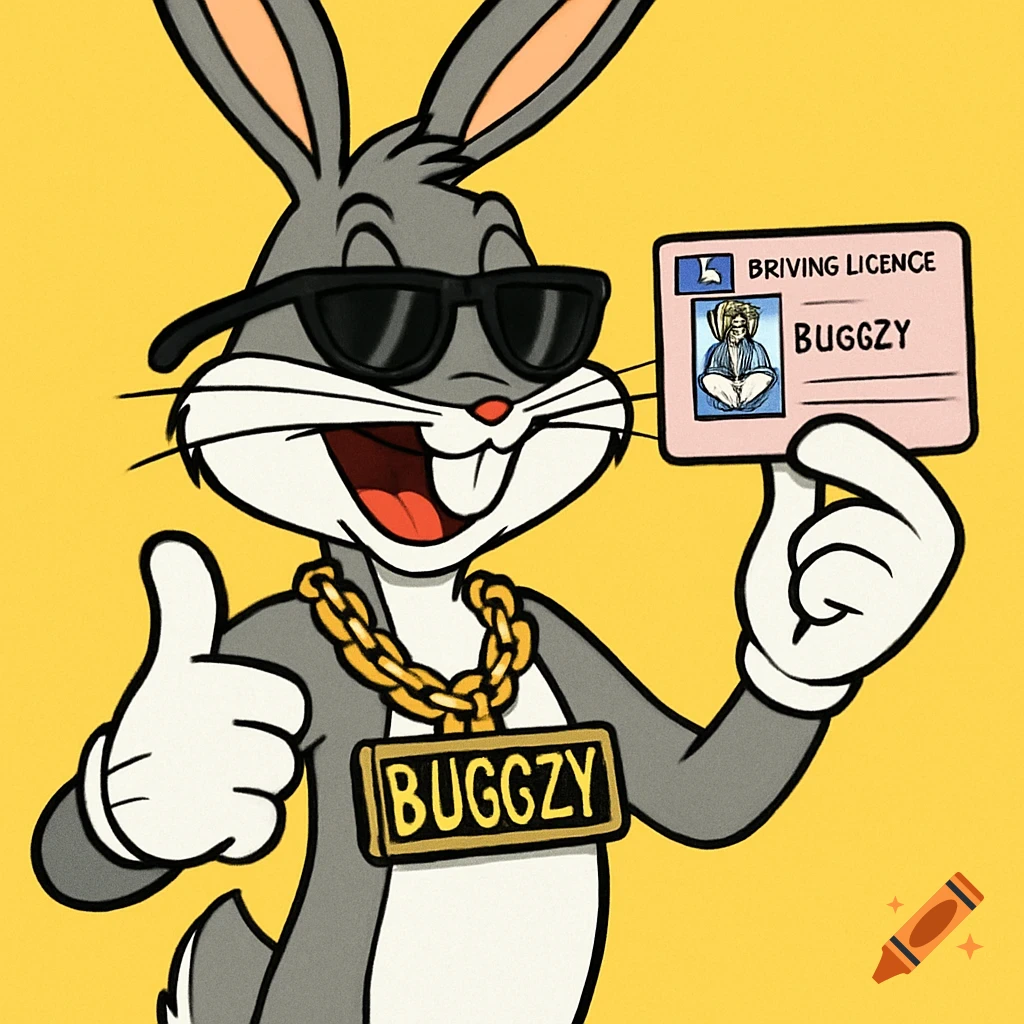 Cartoon Bugs Bunny with sunglasses and gold 'BUGGZY' chain, giving a thumbs up and holding a UK driving license.