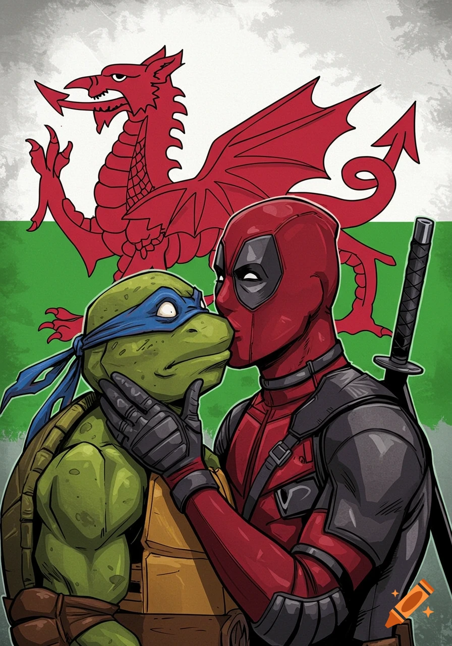 Comic illustration of Deadpool kissing Leonardo from Teenage Mutant Ninja Turtles, with the Welsh flag in the background.