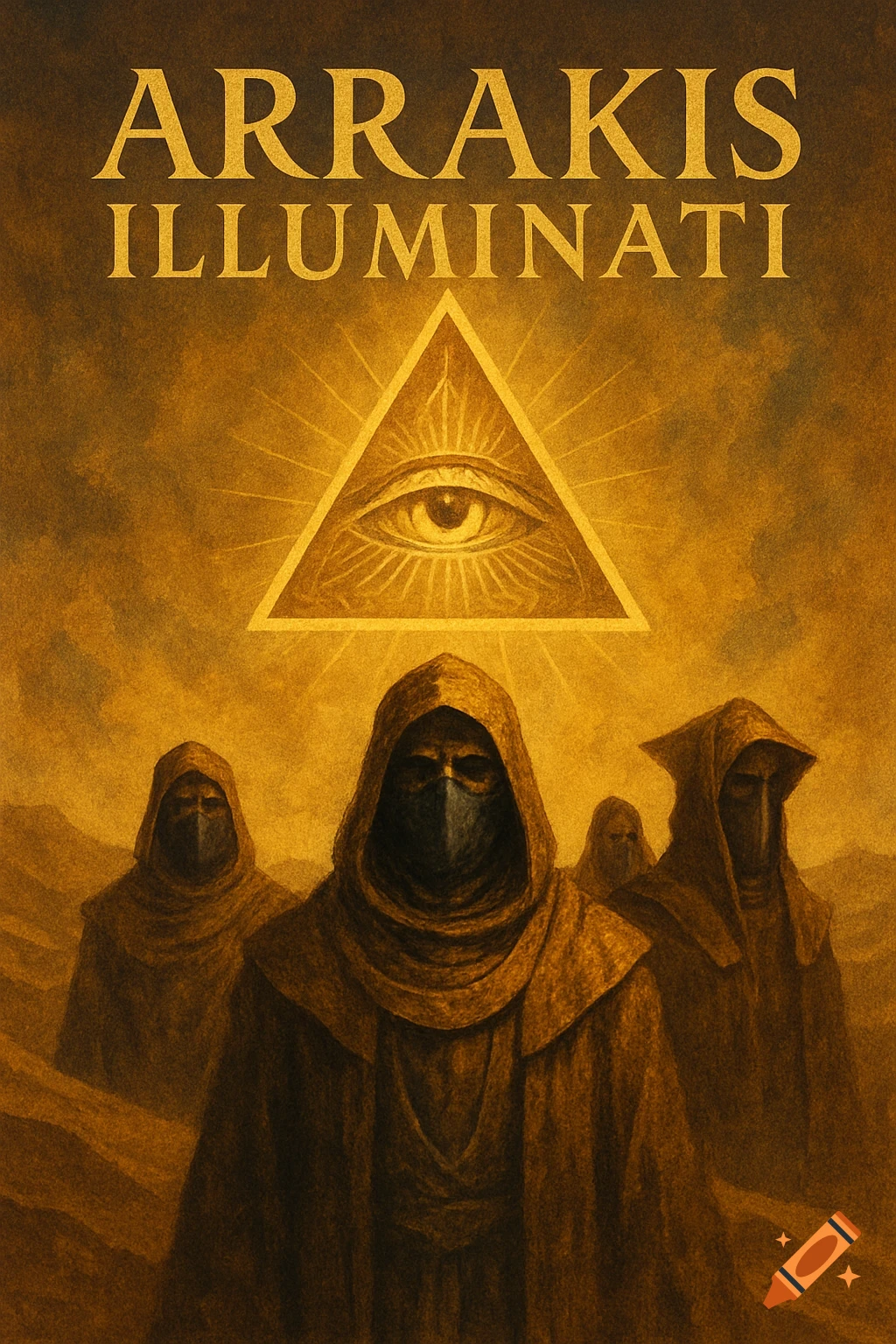 A stylized, sandy-brown image features hooded, robed figures in a desert under a glowing triangular pyramid with an all-seeing eye. Text reads "ARRAKIS ILLUMINATI" at the top.