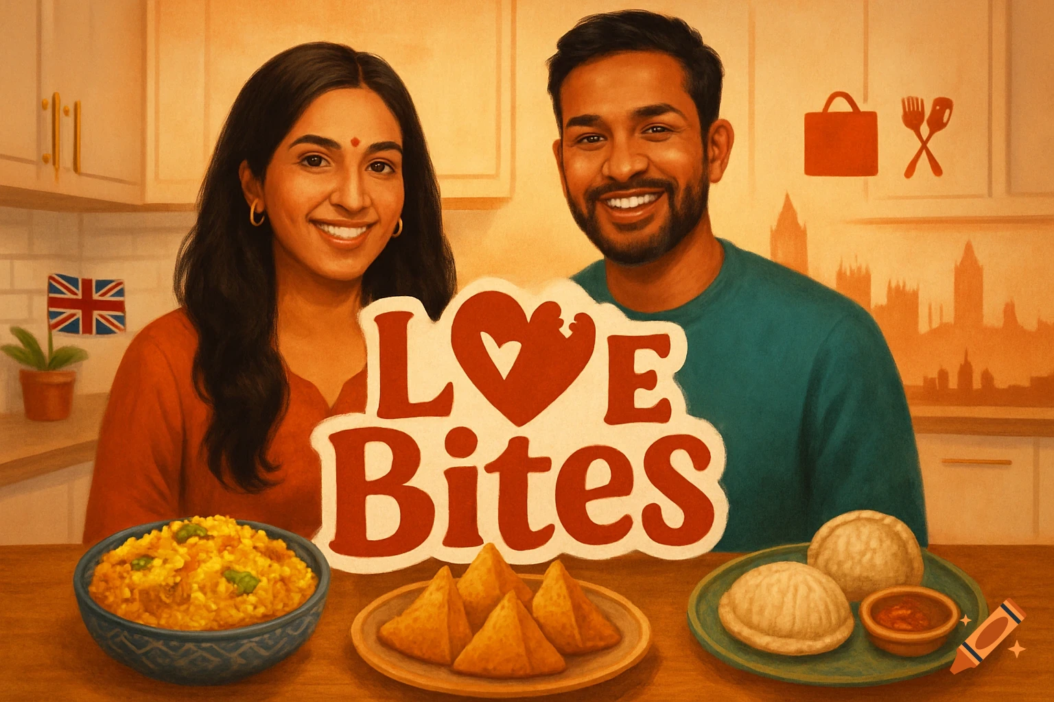 An illustration of a smiling Indian woman and Bangladeshi man in a kitchen, with 'Love Bites' text, Indian and Bangladeshi dishes, a UK flag, and London skyline in the background.