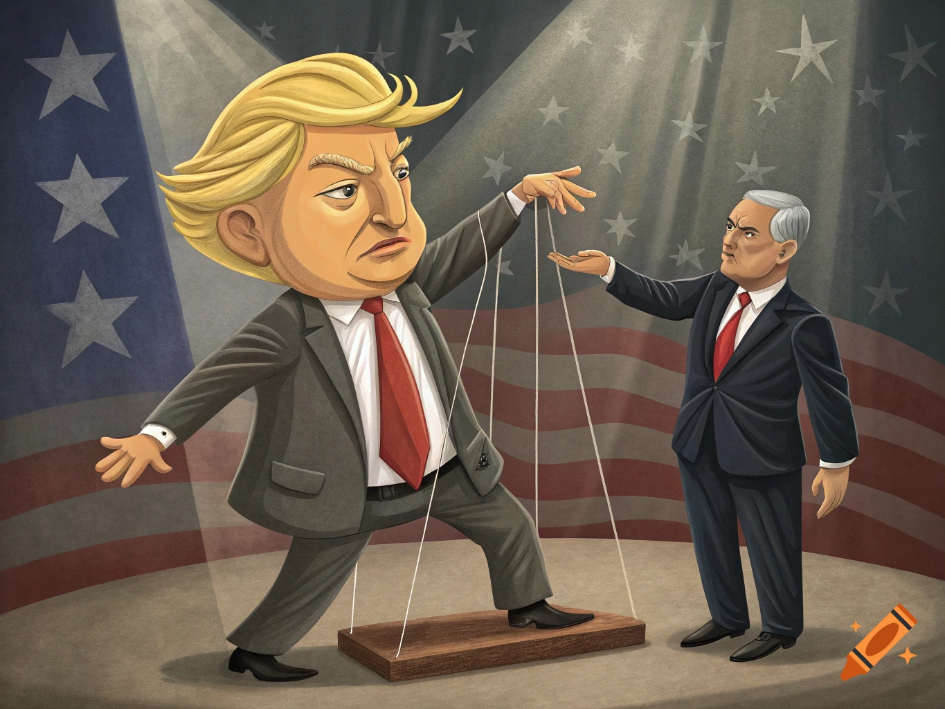 Cartoon caricature of Donald Trump as a marionette puppet controlled by Benjamin Netanyahu on a political stage with US flag background.