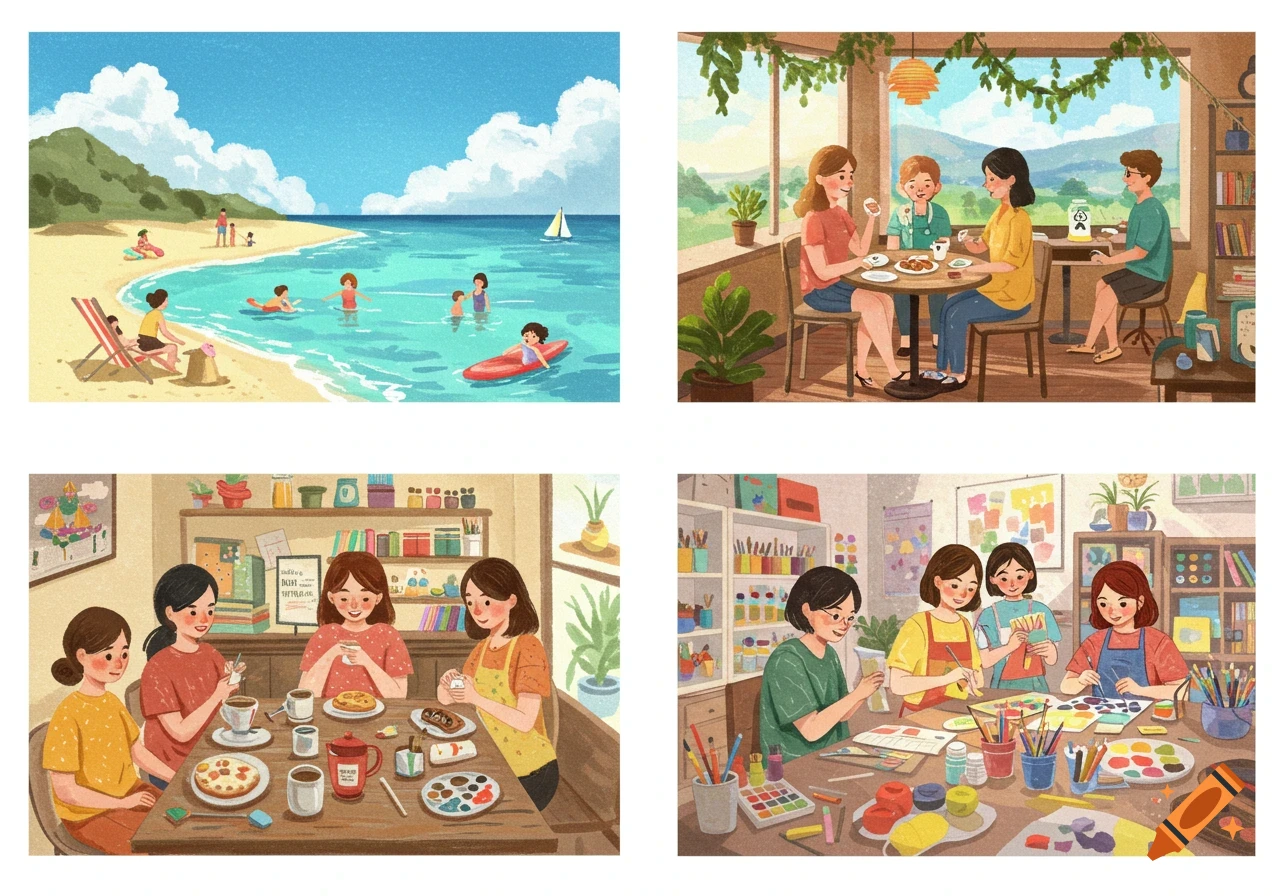 Four colorful illustrations depicting people engaged in leisure activities: a beach scene with people swimming and relaxing, friends having coffee at an outdoor cafe, women enjoying coffee and pastries, and women participating in an art class with paints.