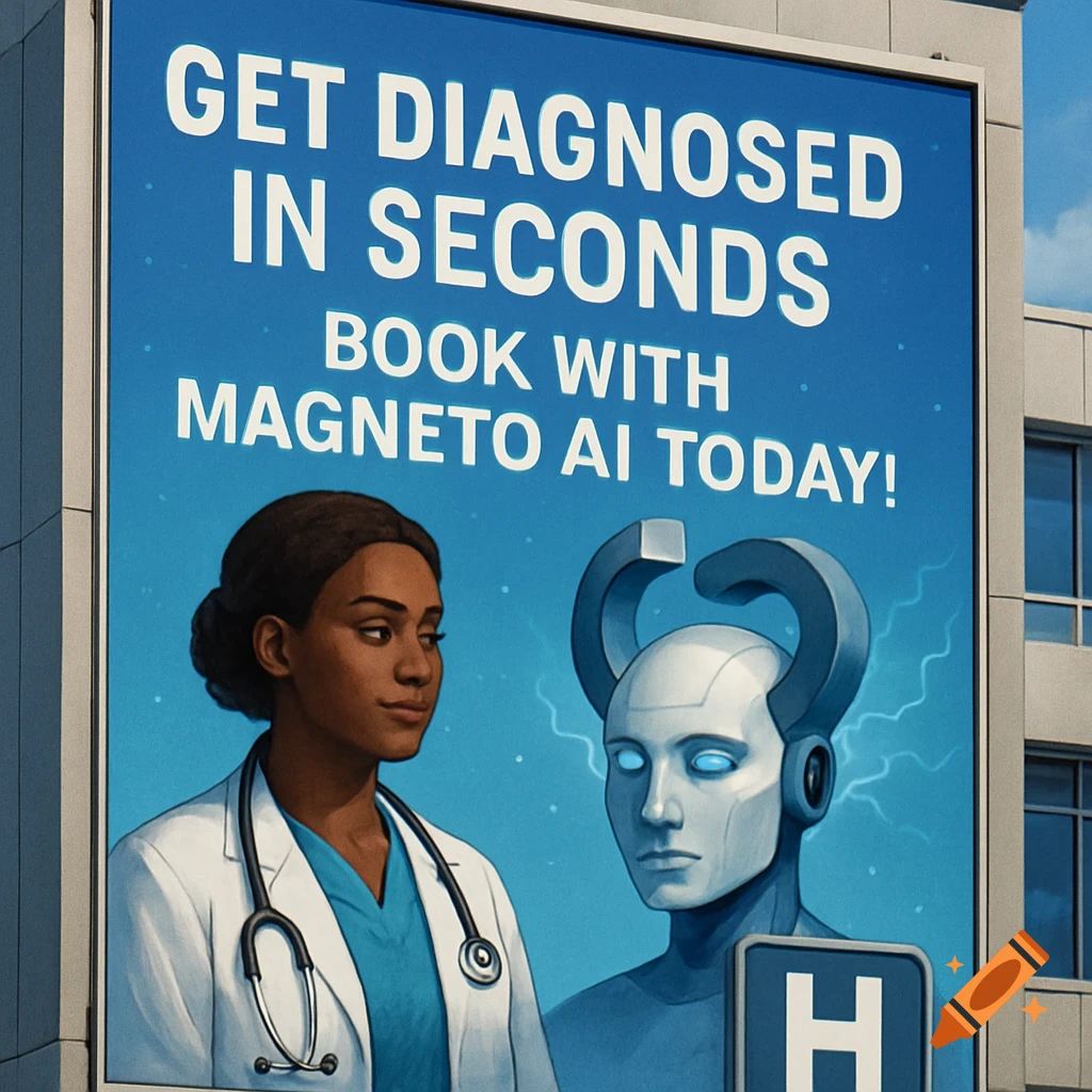 A large blue billboard on a building advertises 'Magneto AI' with a female doctor and a robot.