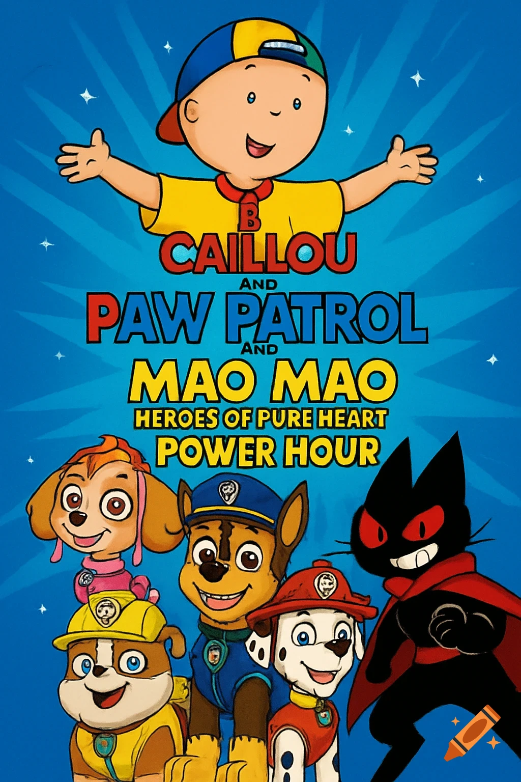 Cartoon poster with Caillou, Paw Patrol characters, and Mao Mao, titled 'Caillou and Paw Patrol and Mao Mao Heroes of Pure Heart Power Hour'.