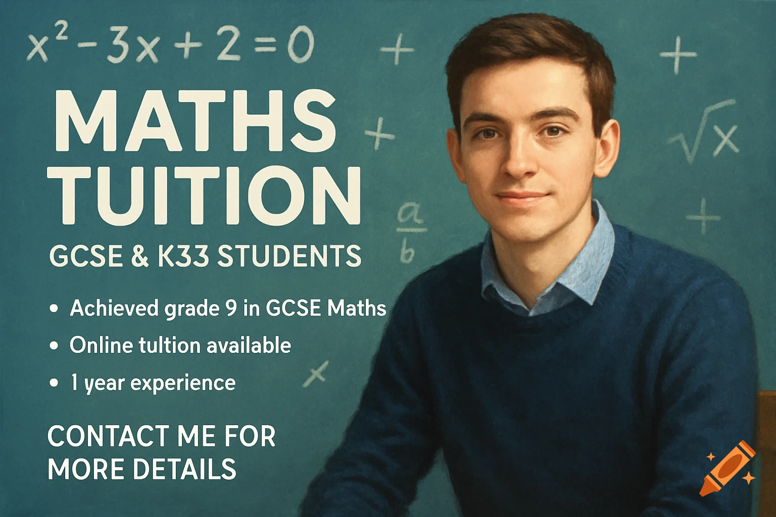 A young man smiles in front of a chalkboard displaying math equations and text advertising 'Maths Tuition' for students.
