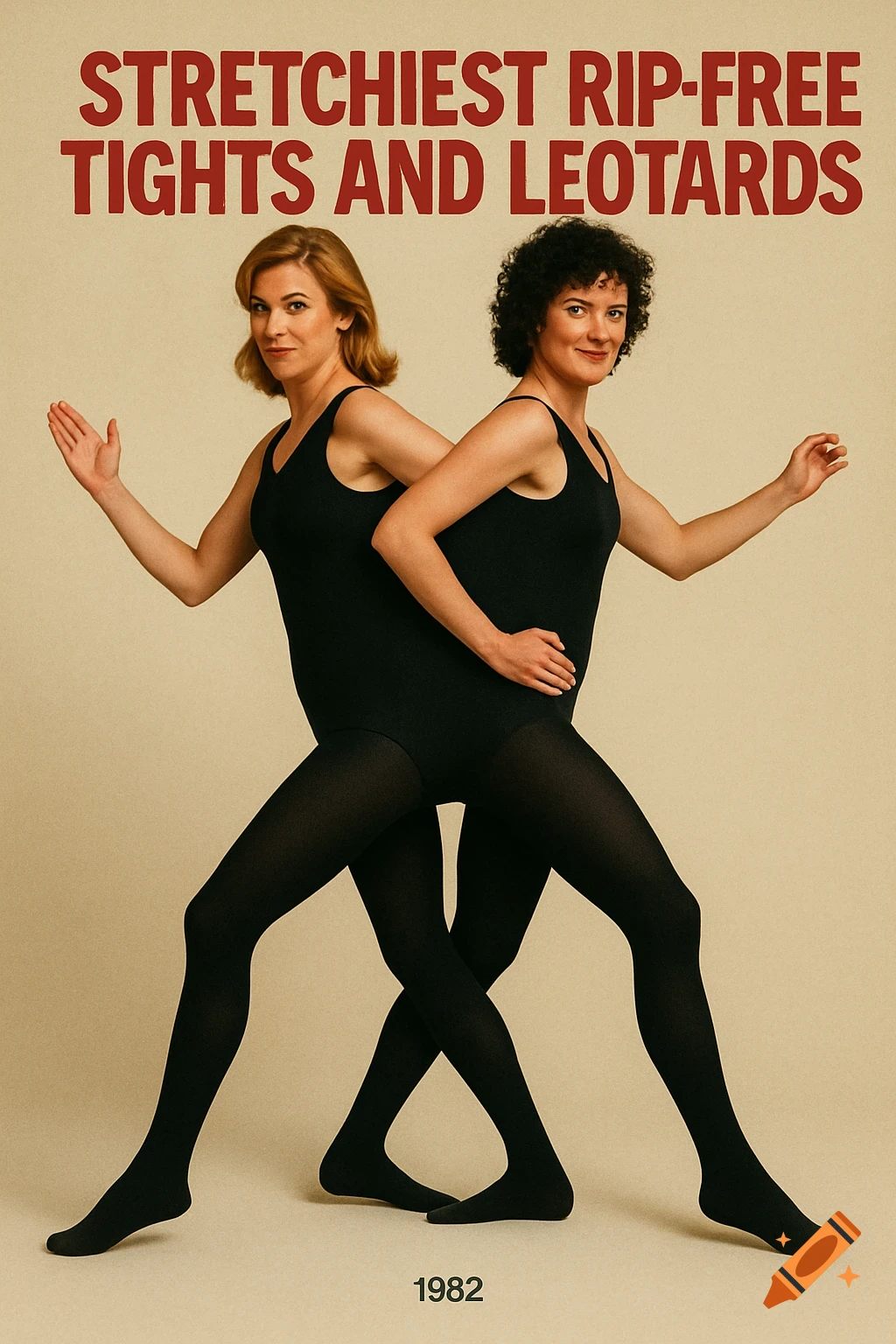 A vintage 1982 advertising photo shows two women in black leotards and tights, conjoined to appear as if sharing one garment, under text "STRETCHIEST RIP-FREE TIGHTS AND LEOTARDS".