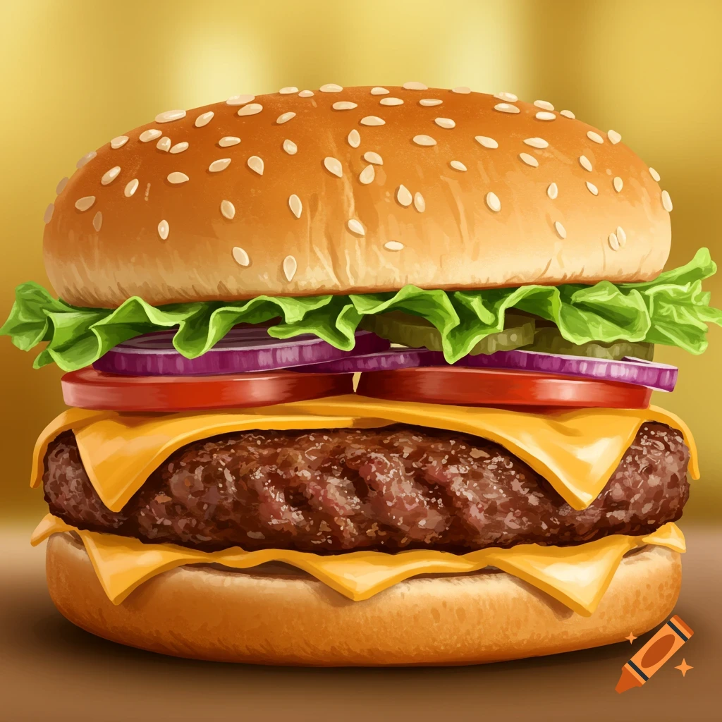 A close-up digital illustration of a juicy hamburger with sesame bun, lettuce, red onion, tomato, pickles, and melted cheese on a golden background.