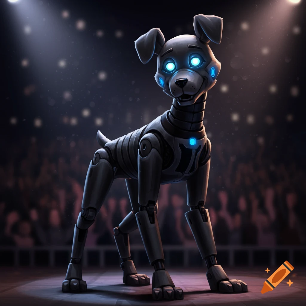 An animatronic robot dog with glowing blue eyes stands on a dark stage with a spotlight.