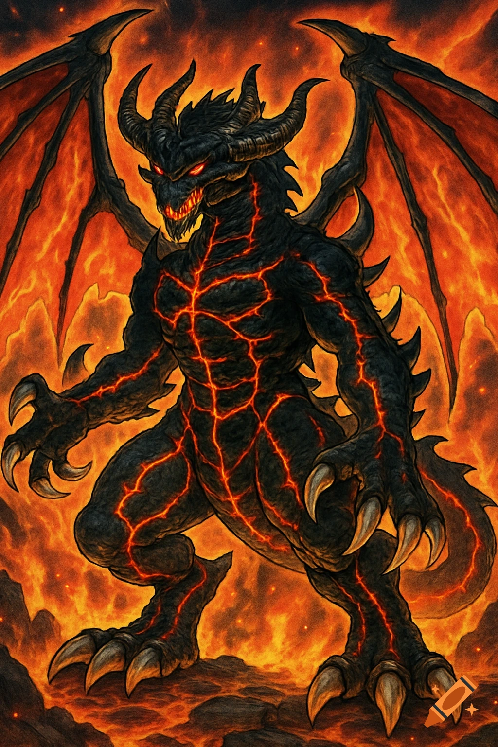 A menacing black dragon-like creature with glowing red lava cracks on its body and fiery wings stands in a volcanic landscape.