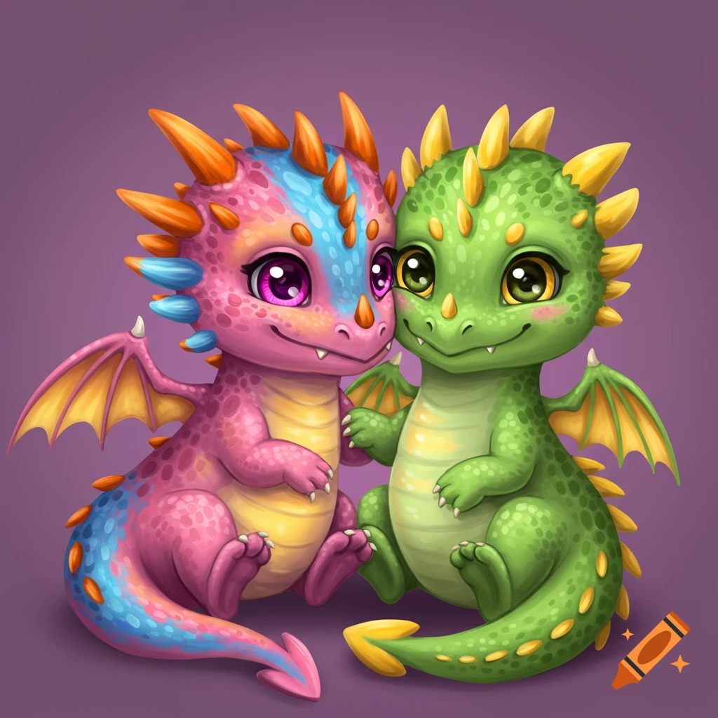 Two cute cartoon baby dragons, one pink and blue, one green, sitting together on a purple background.