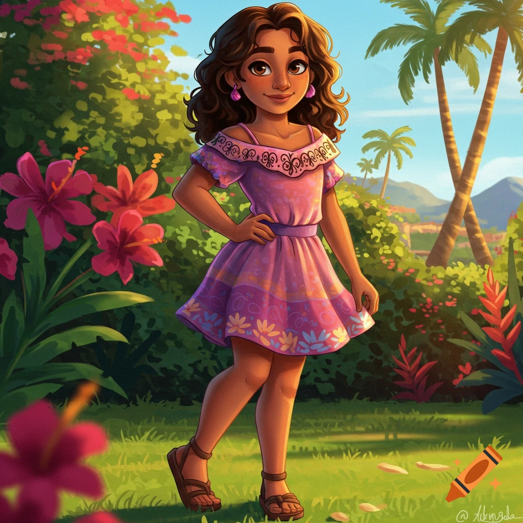 A cartoon Latina girl with brown hair and a purple off-shoulder dress stands in a vibrant tropical garden.