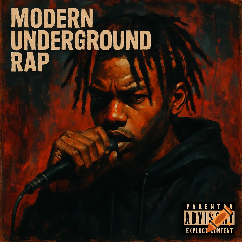 Painting of a male rapper holding a microphone, with 'MODERN UNDERGROUND RAP' text on a dark red background.