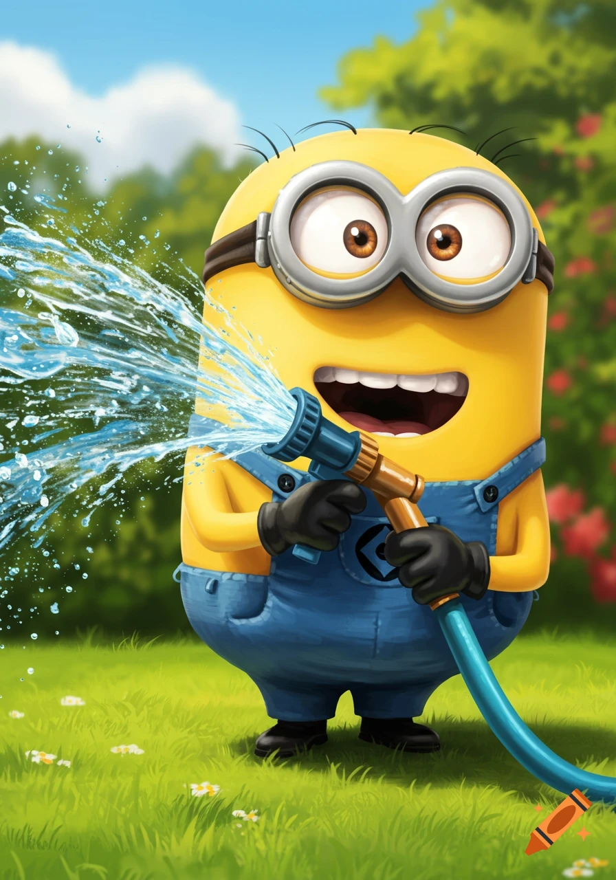 A cartoon Minion in blue overalls happily watering a green garden with a hose.