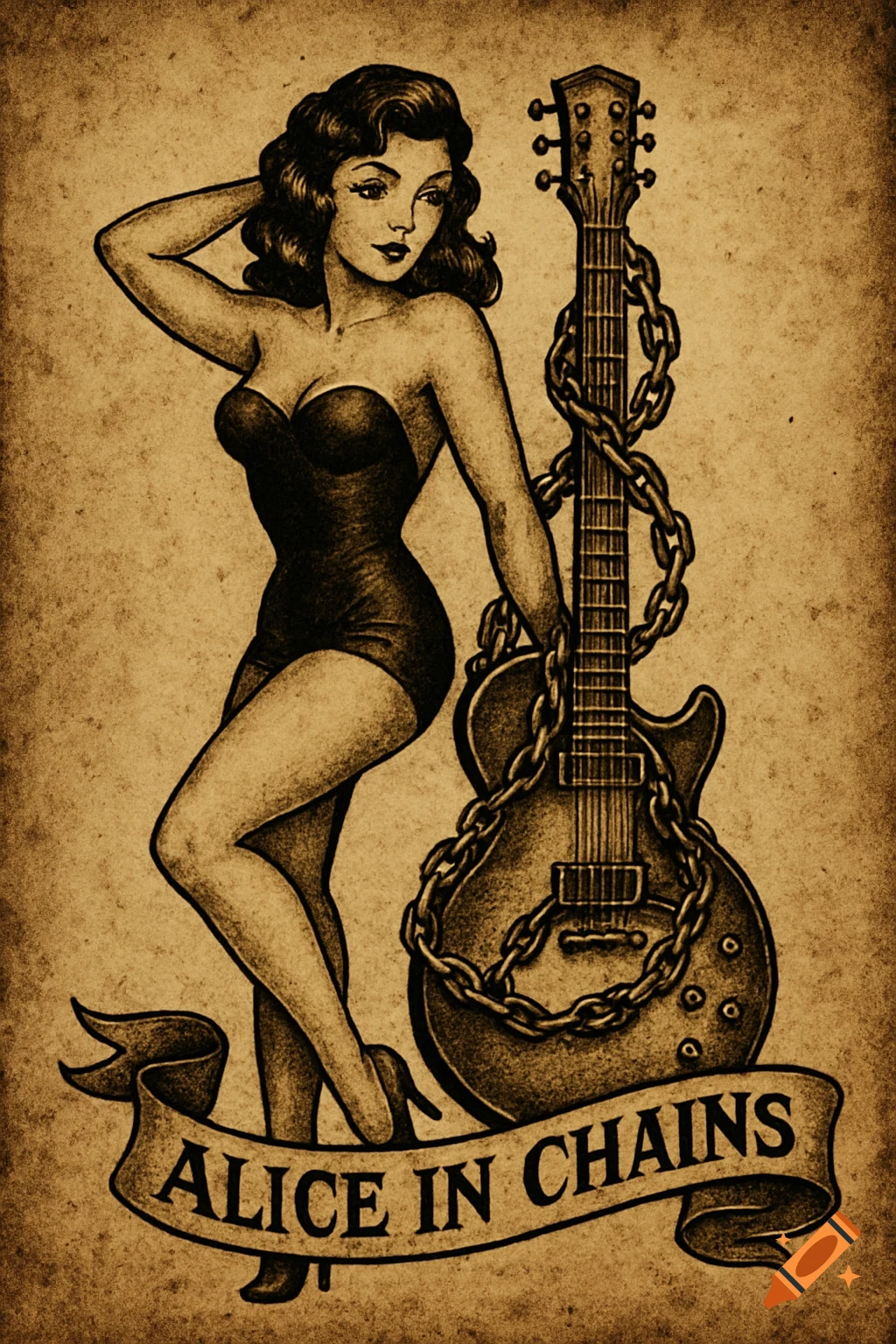 Vintage tattoo-style drawing of a pin-up girl in a swimsuit beside a chained guitar, with 'Alice In Chains' on a banner.