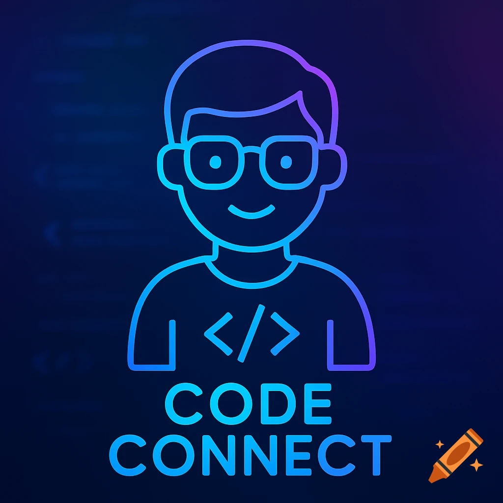 A neon blue and purple outlined avatar of a smiling person wearing glasses and a code icon on their shirt, with 'CODE CONNECT' text below, on a dark gradient background.