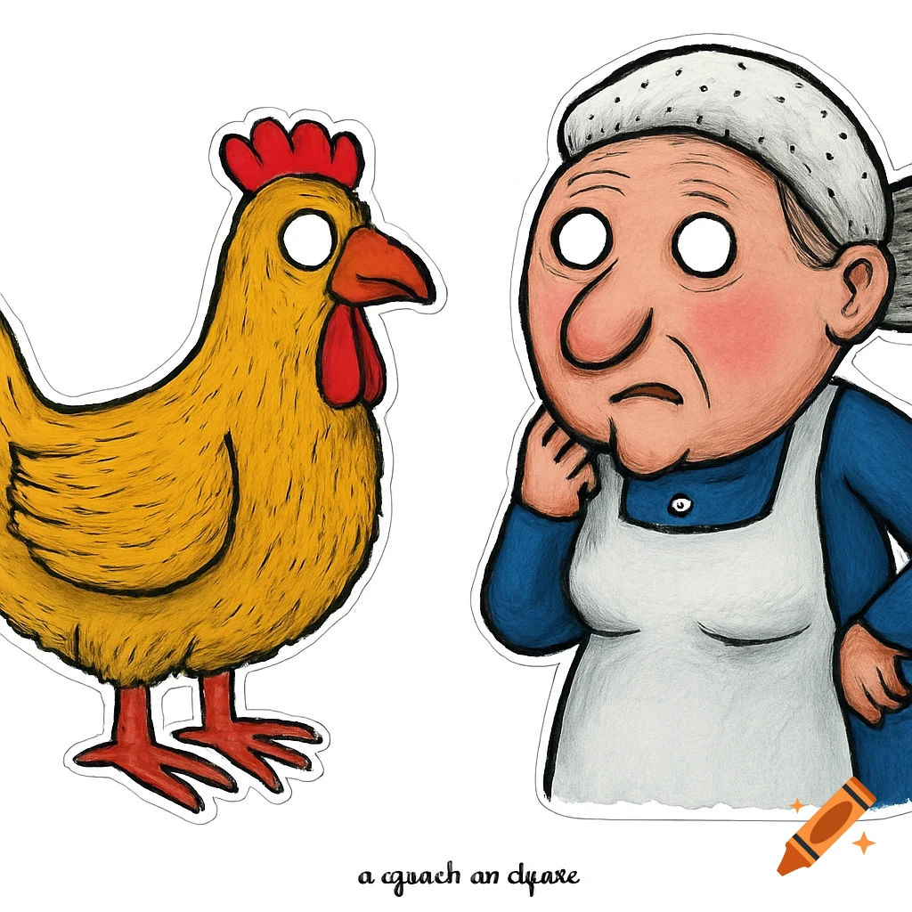 A cartoon illustration of a yellow hen and an old woman with a white bonnet, both with large white eyes, designed as cutouts for masks.
