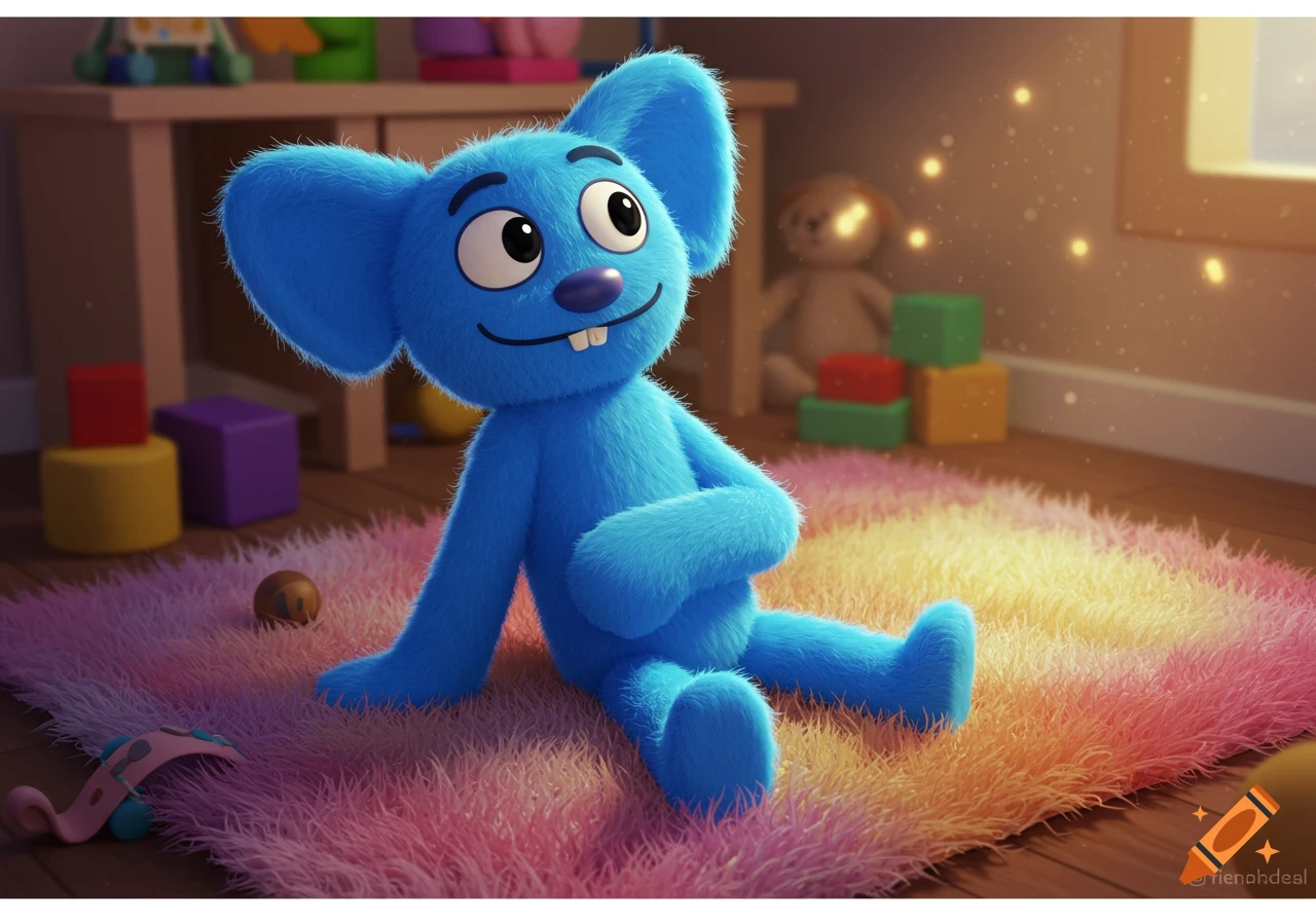 Fluffy blue monster-like character with big ears sitting on a colorful rainbow rug in a brightly lit room with toys.