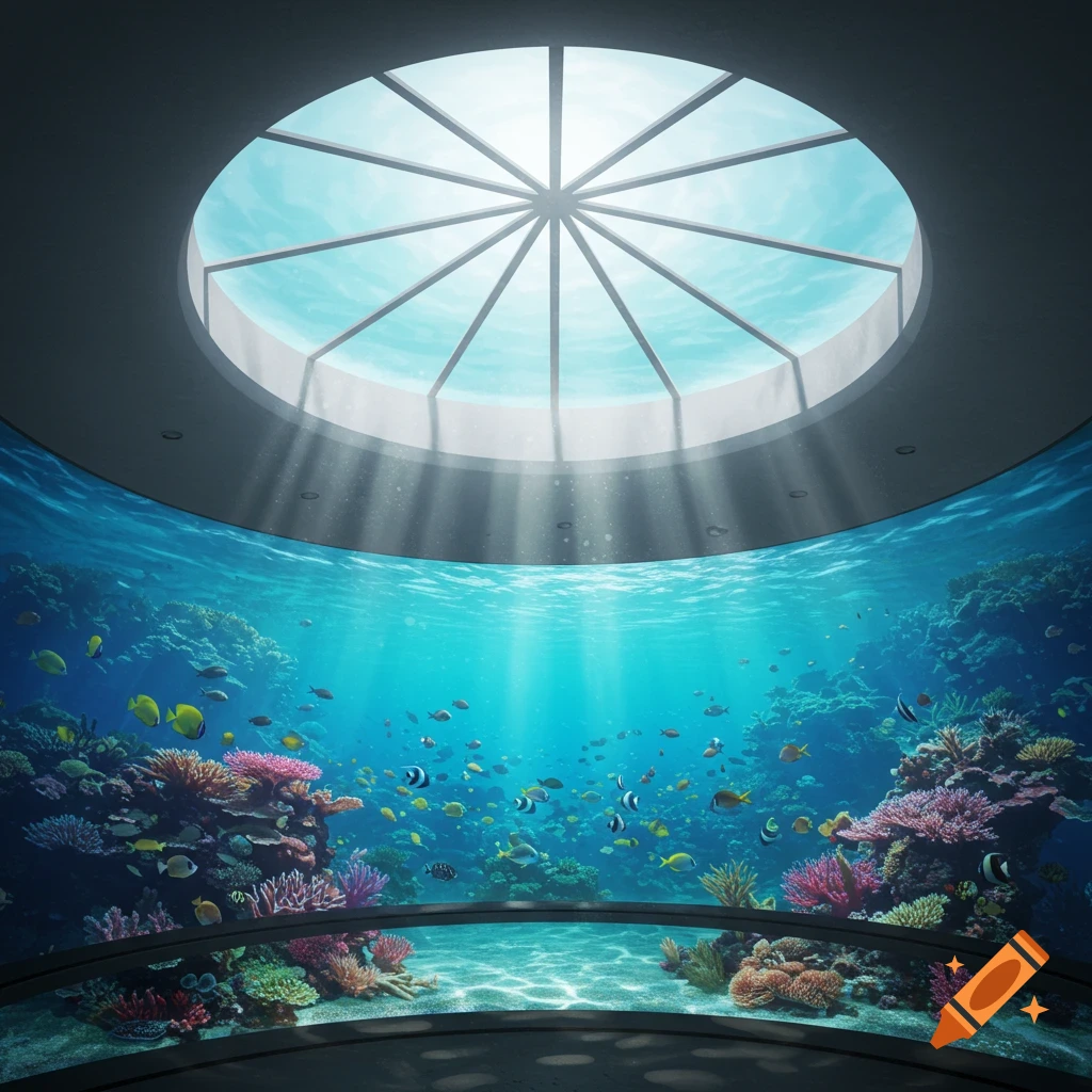 View from inside a large, round aquarium room with a skylight, showcasing a vibrant underwater world with colorful coral reefs and many fish.