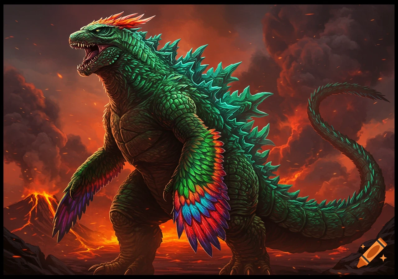 A large green scaly monster with vibrant colorful feathers on its arms and head stands in a fiery volcanic landscape with red skies.