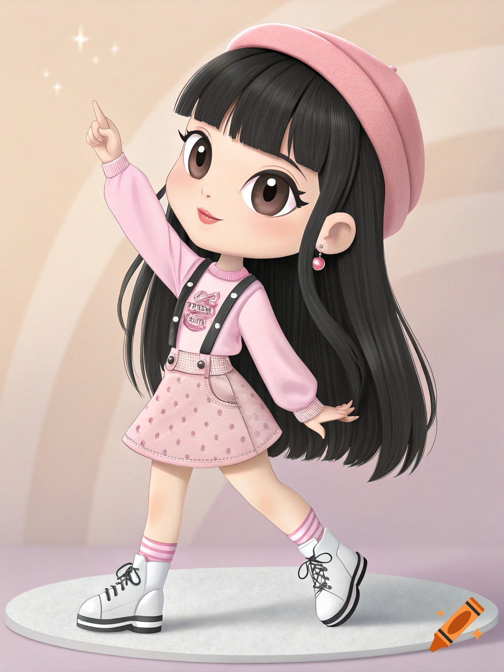 A chibi-style cartoon doll with long black hair, wearing a pink beret, pink sweater with suspenders, and a pink polka-dot skirt, pointing up with one hand.