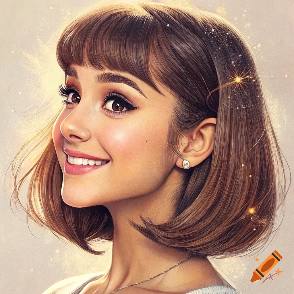 Stylized portrait of a smiling woman with brown bob hair and bangs, with sparkling light effects around her.
