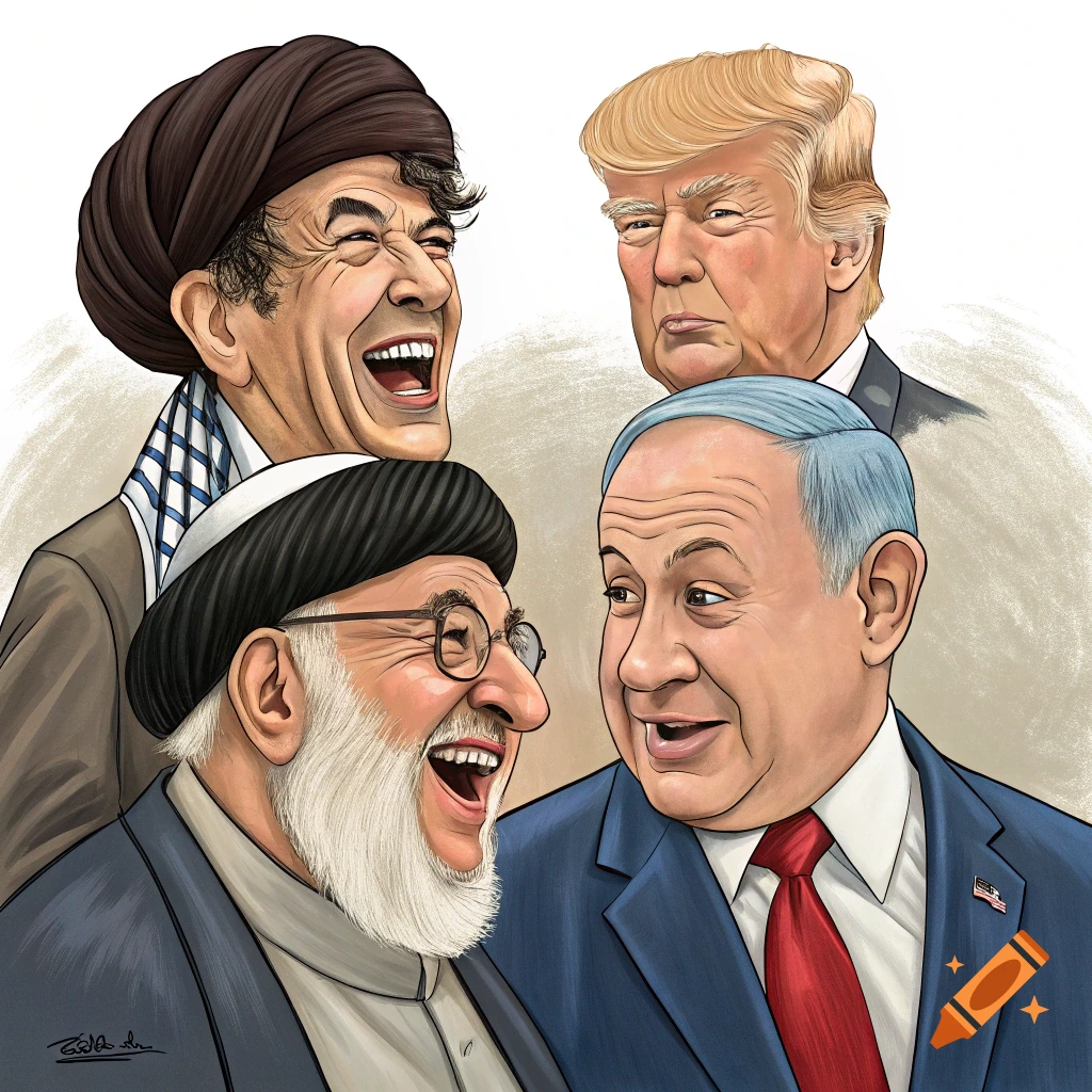 Caricature of four political figures: Donald Trump, Benjamin Netanyahu, Ali Khamenei, and Muqtada al-Sadr, with two laughing and Trump looking serious.