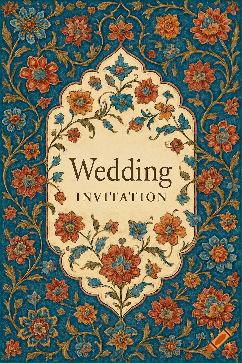 Ornate wedding invitation with Persian floral patterns in blue, orange, and red, featuring 'Wedding INVITATION'.