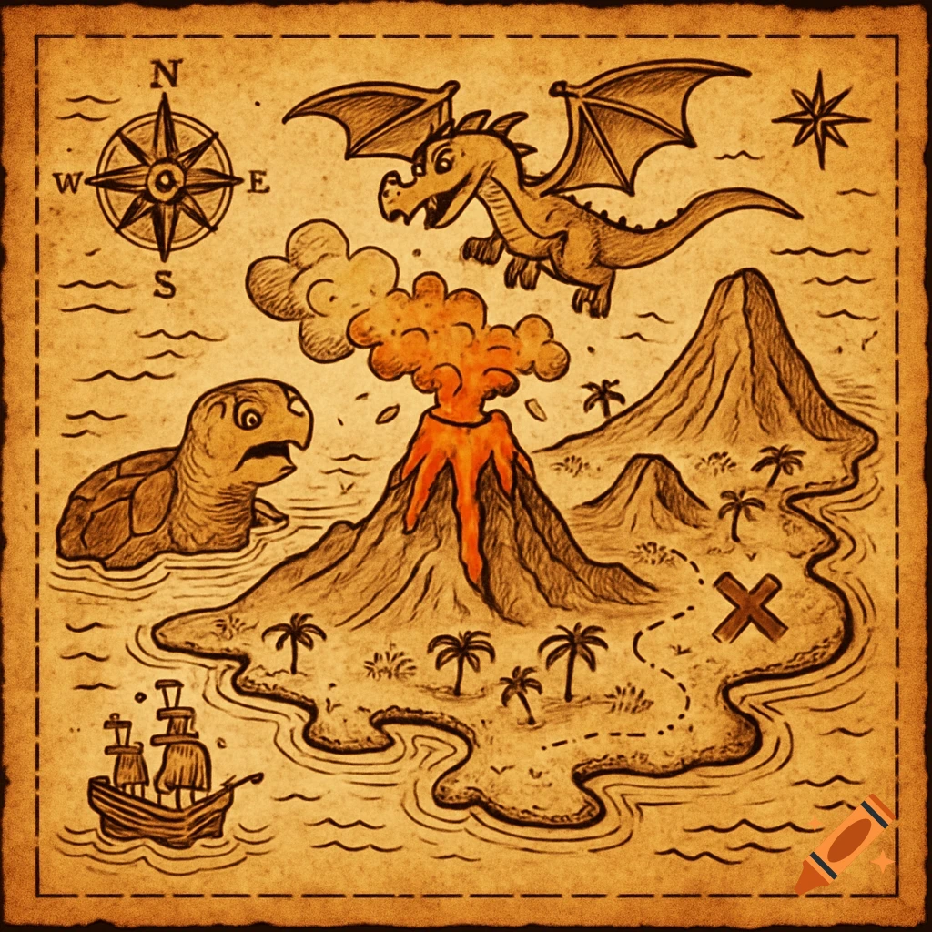 Cartoon old-time pirate map featuring an island with an erupting volcano, a flying dragon, a sea turtle, a ship, and a treasure X.
