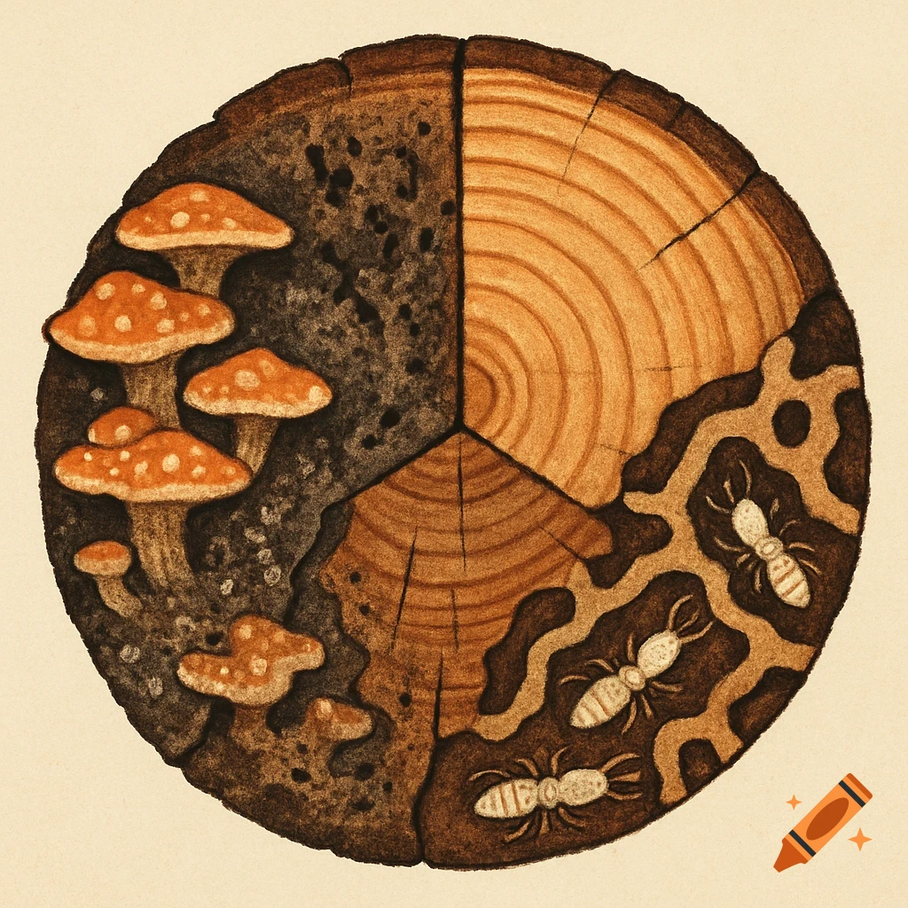 A stylized log cross-section, showing sections of mushroom decay, healthy wood, and termite infestation.