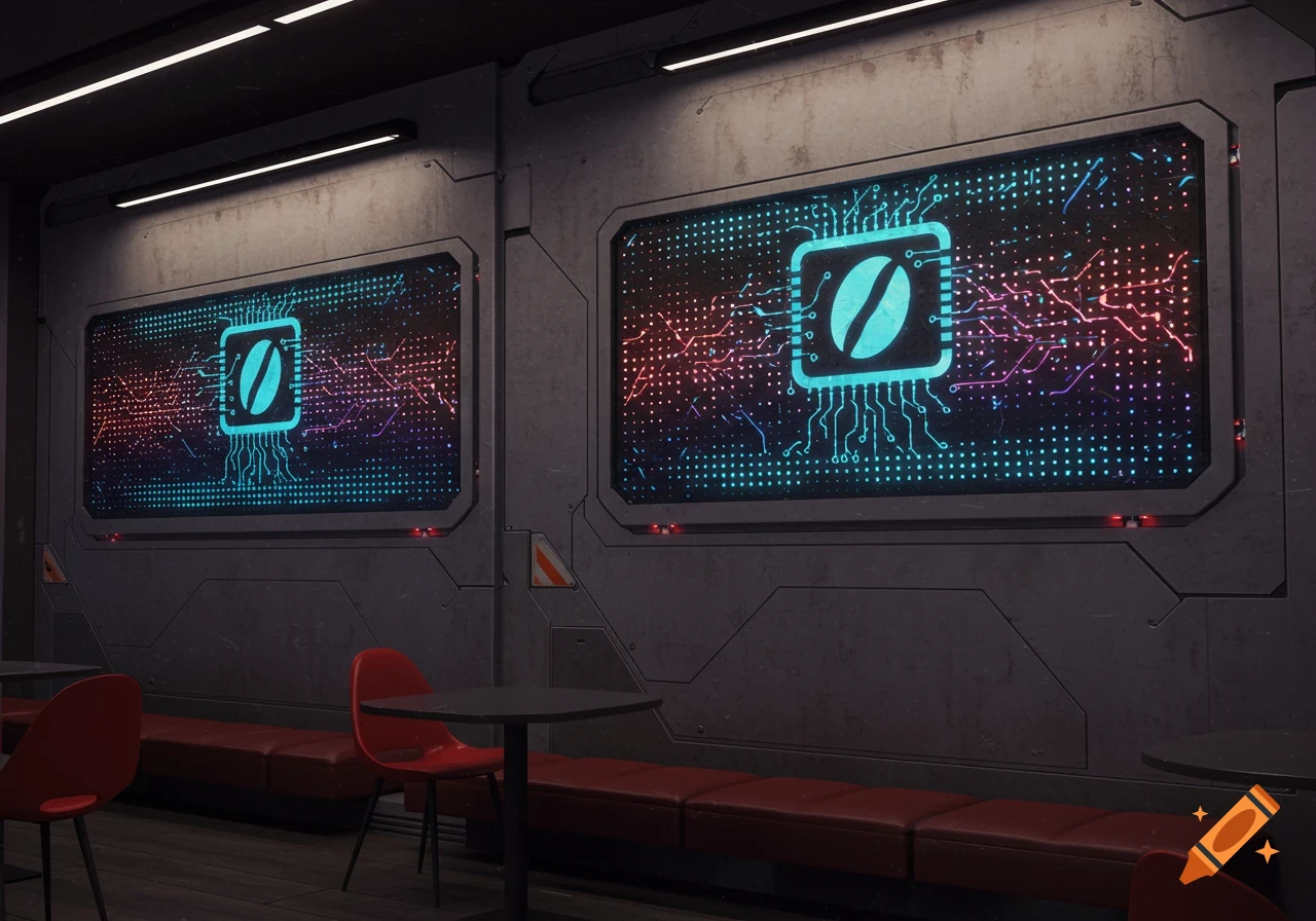 Wall of a futuristic cafe with two large glowing digital screens displaying circuit board patterns and a stylized bean symbol, red chairs and bench.