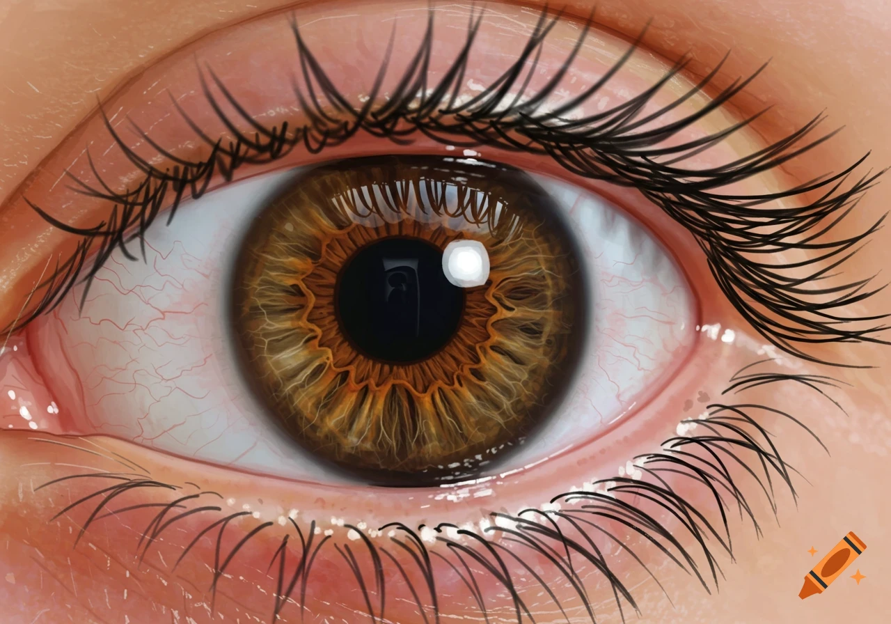 A detailed close-up illustration of a brown human eye with long lashes and visible blood vessels in the sclera.